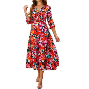 Floral Ruffle Trim A Line Dress Midi Length Boutique Dress
